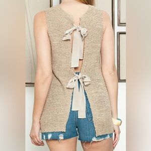 Hummingbird Beige Sleeveless Knit Top with Back Bow Details - NWT - Size M/L